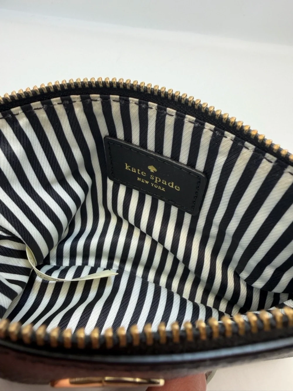 Kate Spade Black Leather Wristlet Bow Strap Gold Spade Logo  GUC